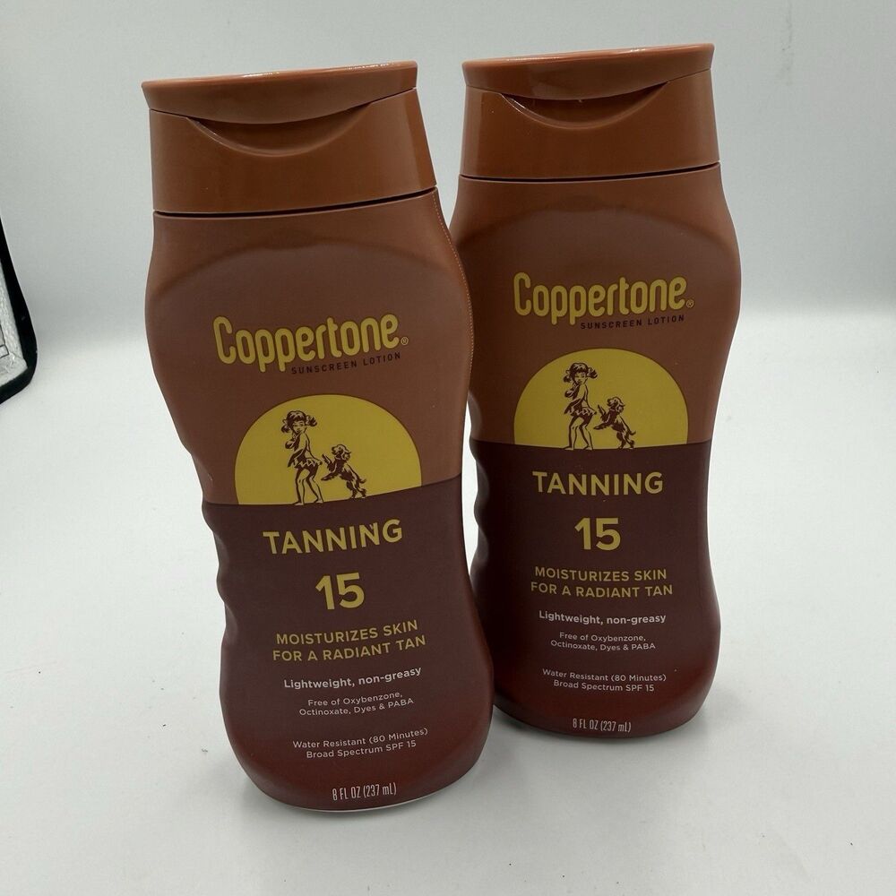 2 Coppertone Tanning Sunscreen Lotion, SPF 15 Sunscreen 8 Fl Oz Expiration 11/27